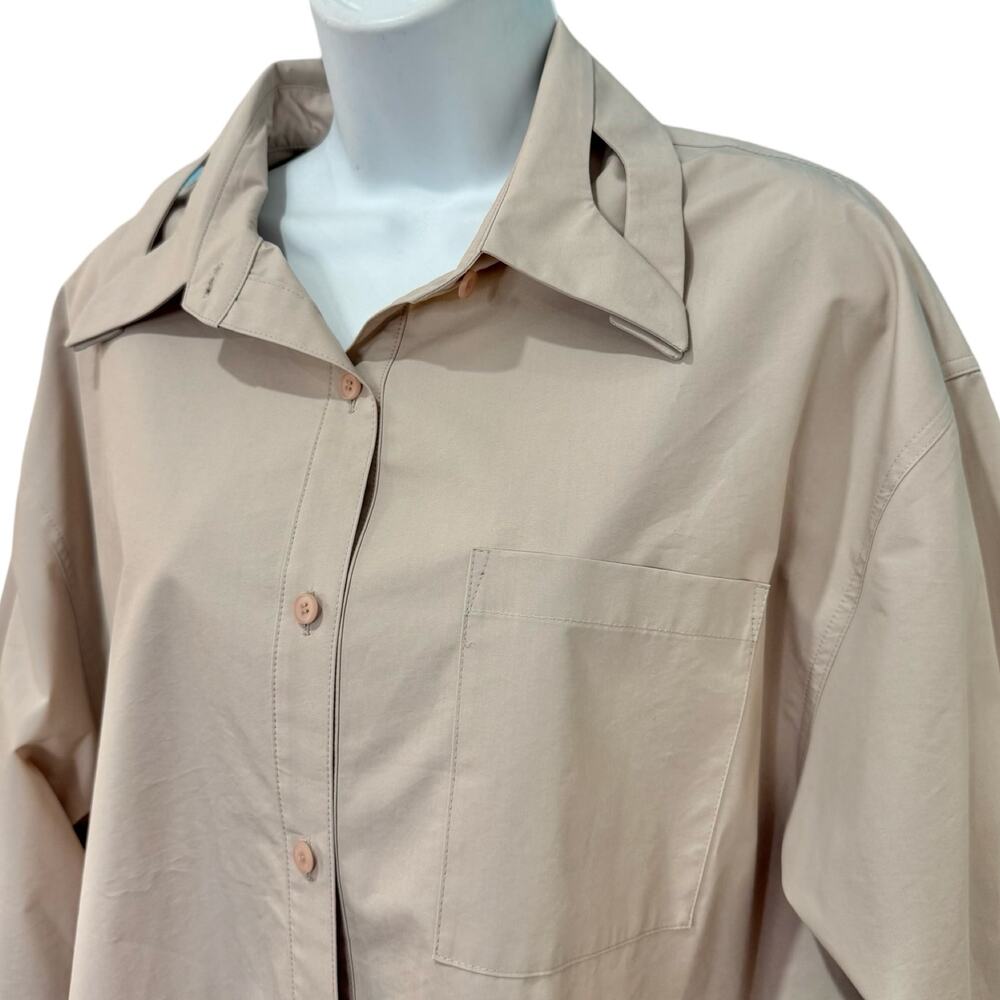 Moonlee Beige Collared Cut Out Button Up Blouse Oversize Top Size L NEW Tags - Picture 5 of 13